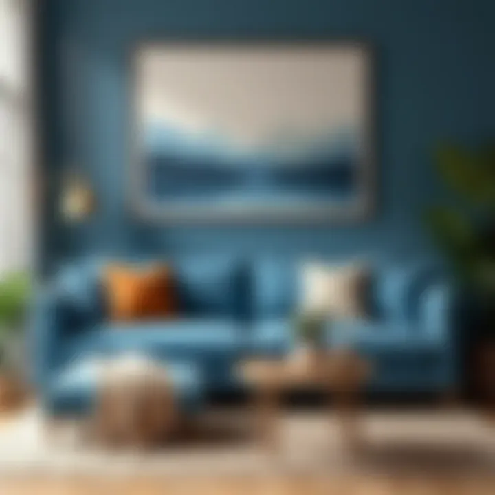 Cozy living room with blue couch and warm accents