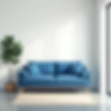 Minimalist living room featuring a blue couch