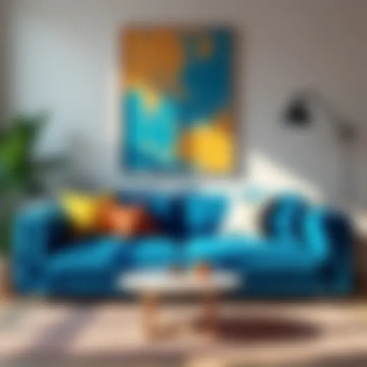 Stylish blue couch paired with vibrant decor elements