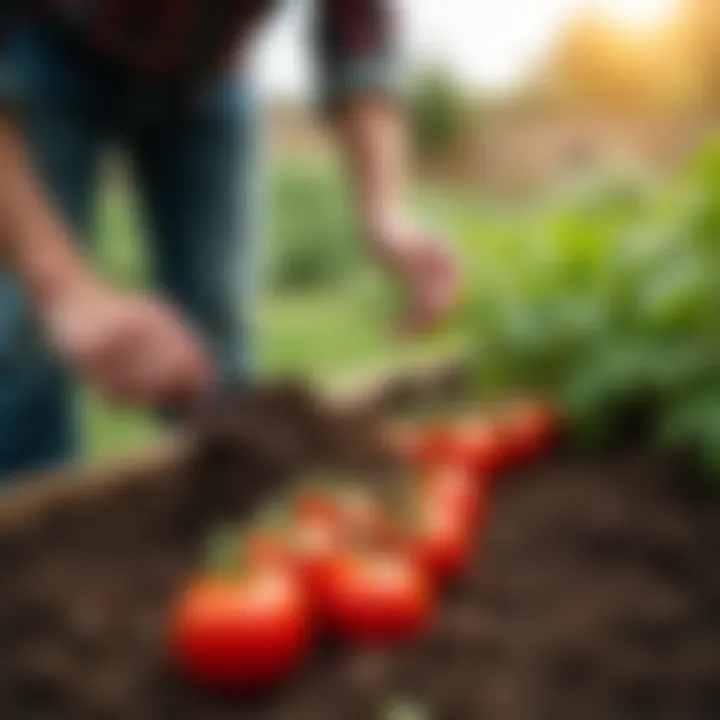 Gardener inspecting soil quality for tomato cultivation