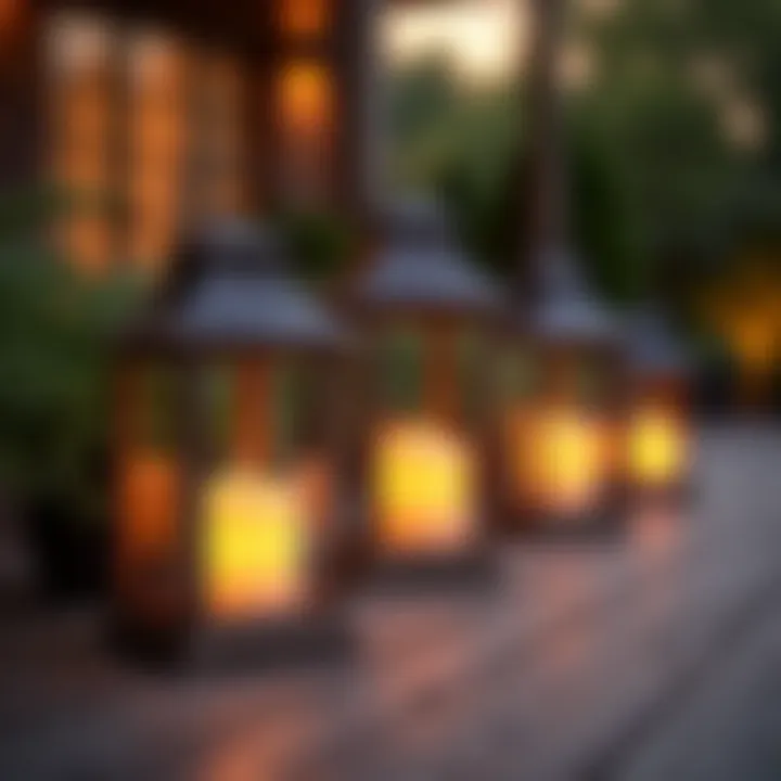 A beautifully designed outdoor space featuring lanterns and candles for a warm atmosphere.