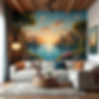 An artistic living room featuring a mural that adds character