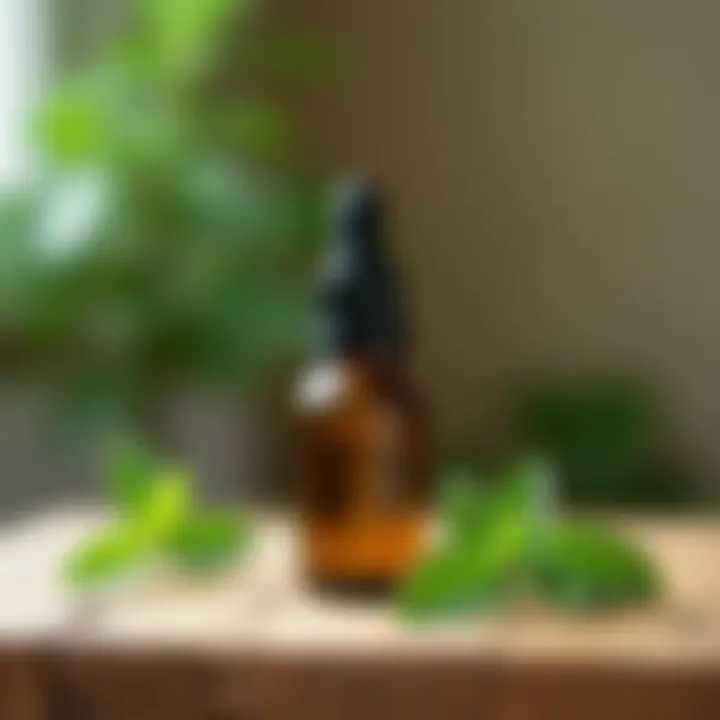 Peppermint essential oil bottle on a wooden surface