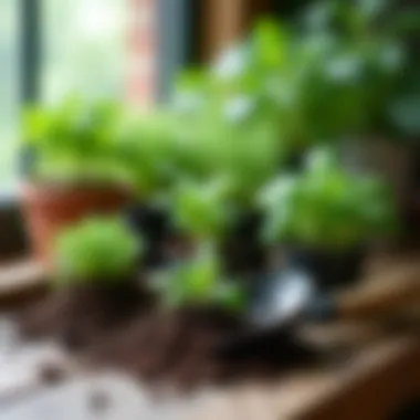 Essential gardening tools arranged neatly for indoor herb cultivation.