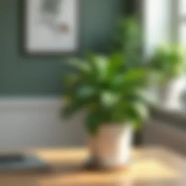 Close-up of a desk adorned with a beautiful potted plant