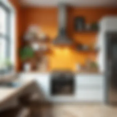 Brightly colored ceramic tiles used as paneling in a kitchen.