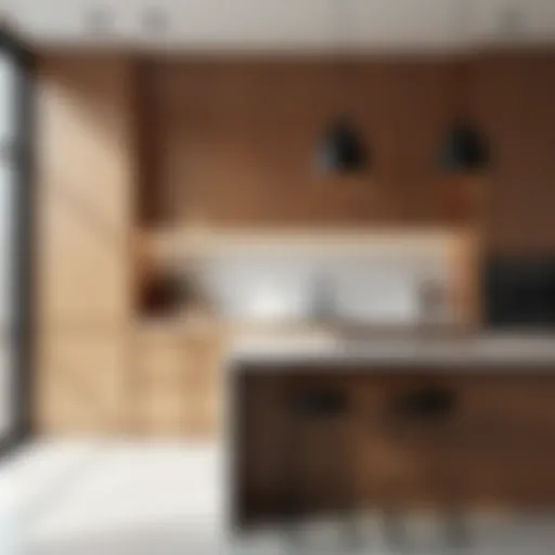 A modern kitchen featuring sleek wooden paneling.