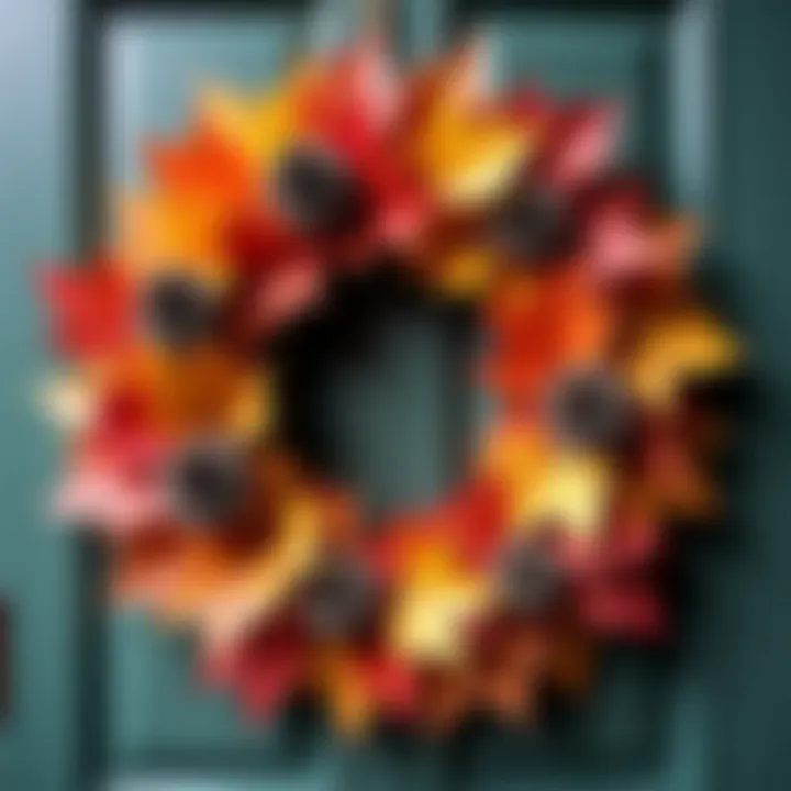 A vibrant autumn wreath adorned with colorful leaves and pine cones