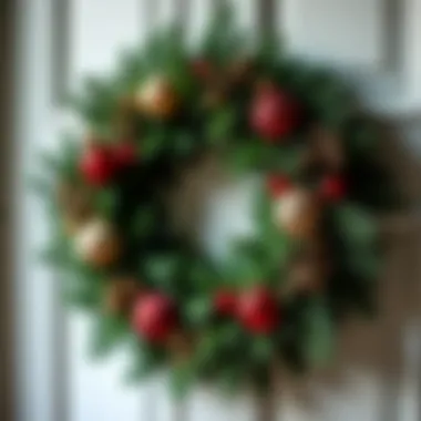 A festive winter wreath decorated with evergreen branches and ornaments