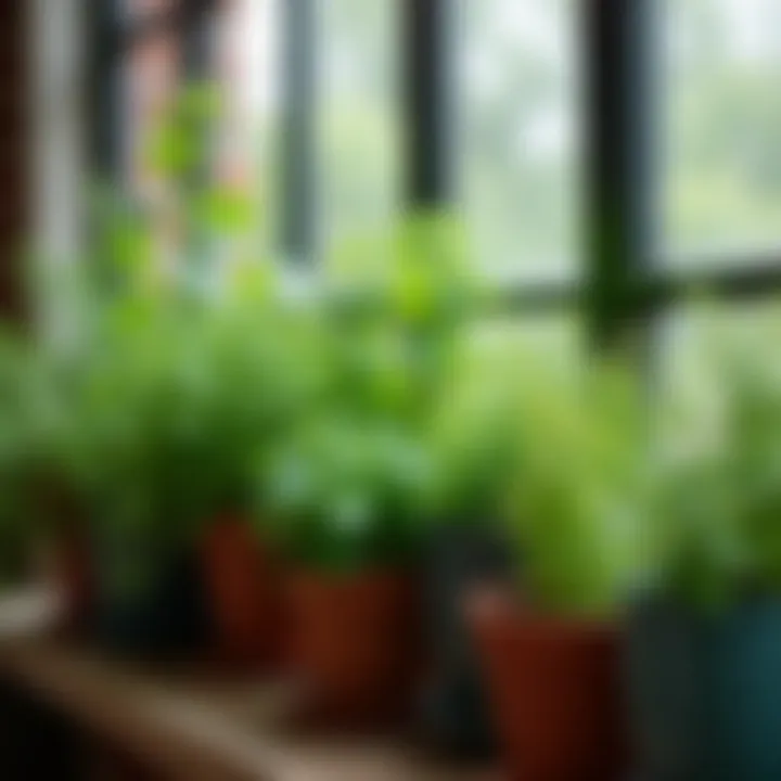 Aesthetic arrangement of herbs and greens in balcony containers.