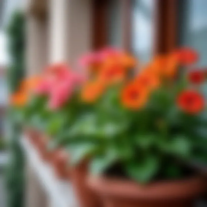 Close-up of vibrant flowers in stylish balcony plant containers.