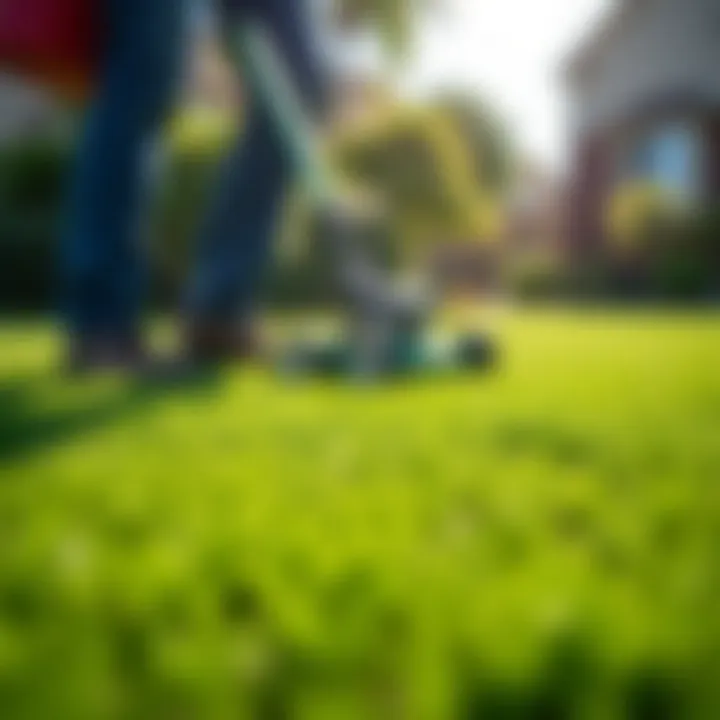 Gardener applying maintenance techniques to a lawn