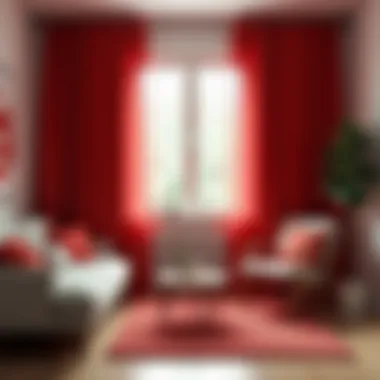 A cozy living room featuring red curtains that complement the warm decor.