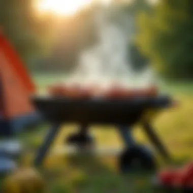 A portable grill set up for an outdoor picnic