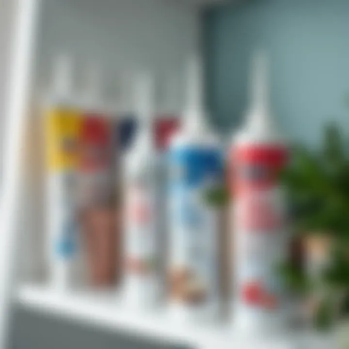 Variety of sealant tubes arranged on a bathroom shelf